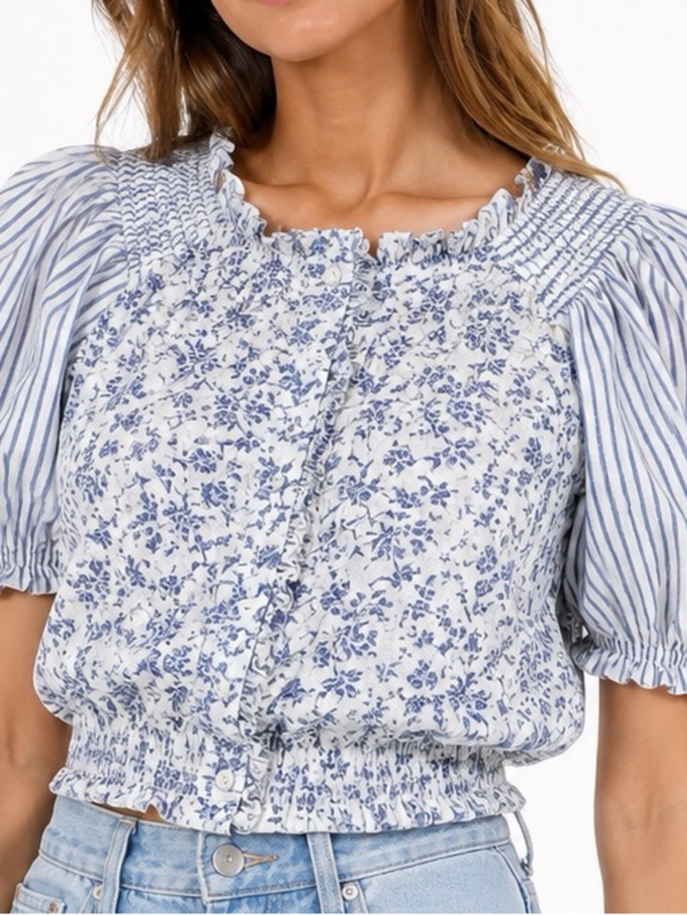 American Eagle Floral Crop Top Womens S Blue White Puff‎ Sleeve Smocked Blouse